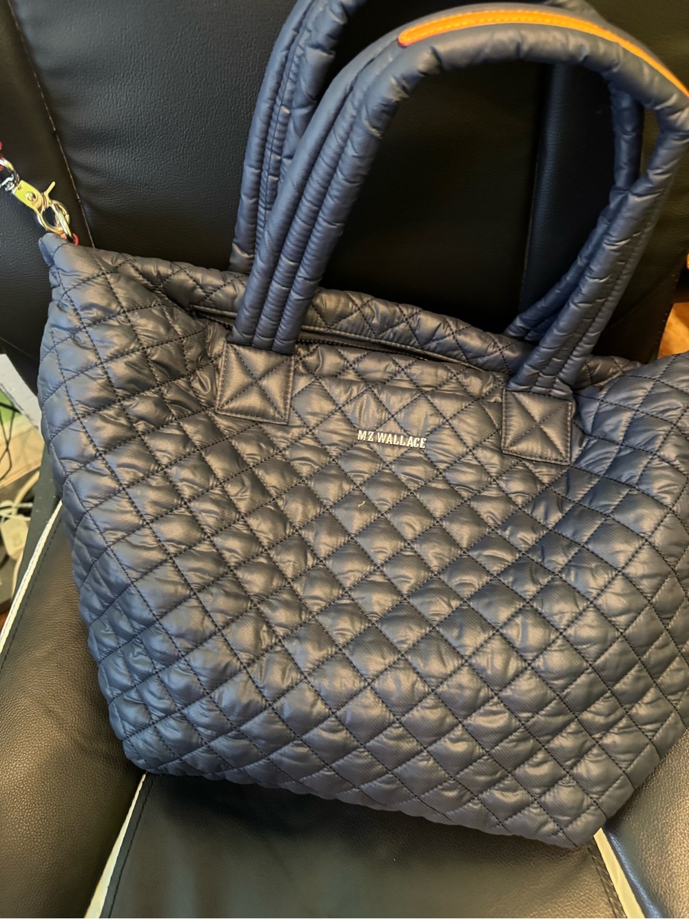 MZ Wallace Medium Metro Tote Deluxe Quilted Tote in Navy with Orange Accent